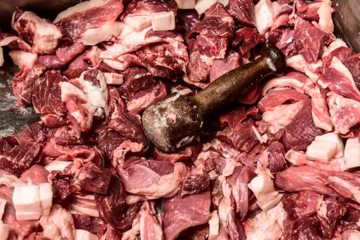 Minced meat and pork bacon, Sausage traditional preparation, Patagonia, Argentina photo