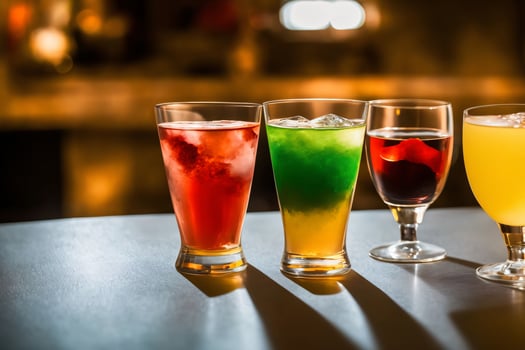 A Row Of Different Colored Drinks Sitting On Top Of A Table. photo