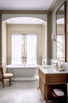 Country bathroom decor, interior design and home improvement, bathtub and bathroom furniture, country cottage style in winter, photo