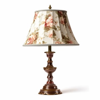 Vintage country style antique table lamp with a beautiful lampshade design isolated on white background, interior design and cottage home decor, post-processed, photo