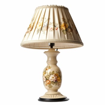 Vintage country style antique table lamp with a beautiful lampshade design isolated on white background, interior design and cottage home decor, post-processed, photo
