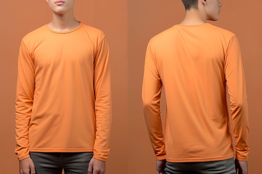 Man wearing a orange T-shirt with long sleeves. Front and back view. photo