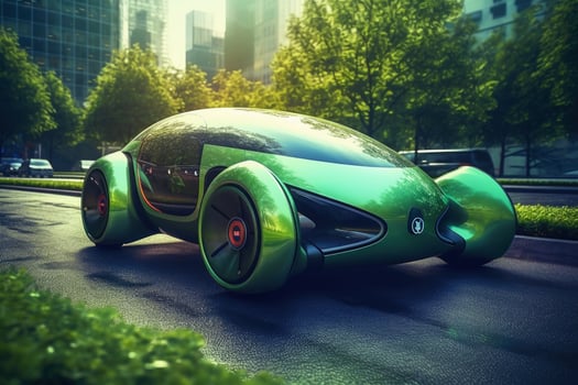 Futuristic electric car in a green city created with technology. photo