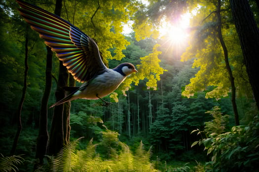 A Bird Flying Over A Lush Green Forest. photo