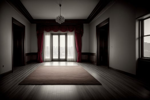 An Empty Room With A Chandelier Hanging From The Ceiling. photo