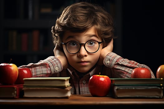 a young boy posing in front of chalkboard with back to school concept photo