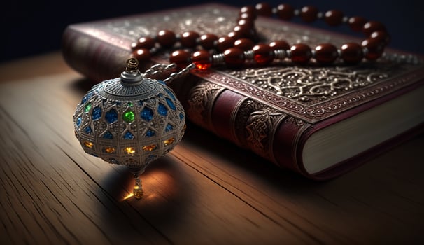 The Holy Al Quran with written Arabic calligraphy meaning of Al Quran and rosary beads or tasbih. photo