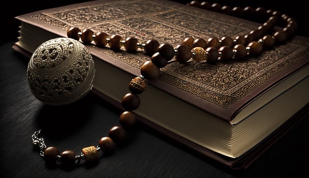 The Holy Al Quran with written Arabic calligraphy meaning of Al Quran and rosary beads or tasbih. photo