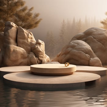 Minimal beige brown podium stands in the water for luxury organic cosmetic, skincare, beauty treatment product background. photo