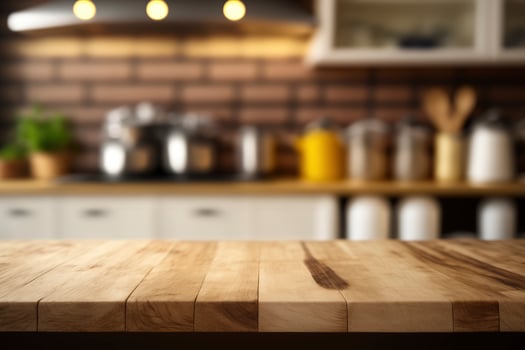 Wooden top table for display showcase on blur kitchen background made with photo