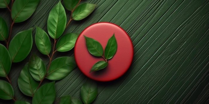 Wooden red board and leaf copy space background. , photo