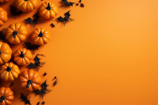 Halloween background with orange pumpkins, spiders and bats on orange background. . photo