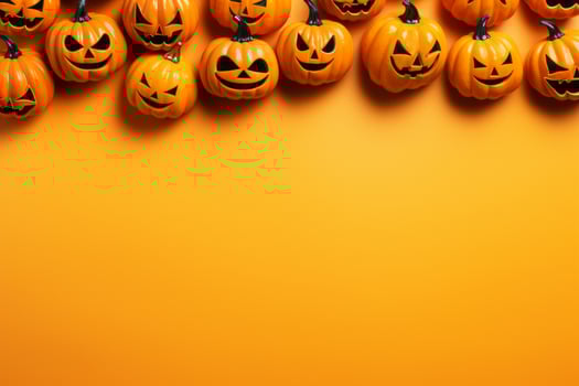 Halloween pumpkins on orange background with copy space for text. . photo