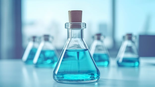 A Science Beaker in the laboratory on a table white and light blue background. laboratory equipment out of focus. photo