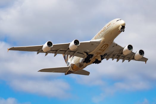 Etihad Airways Airbus A380 A6-APA passenger plane departure at London Heathrow Airport photo