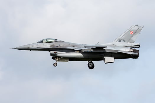 Polish Air Force Lockheed Martin F-16C Fighting Falcon 4071 fighter jet arrival and landing at Leeuwarden Air Base for Frisian Flag 2015 Air Exercise photo