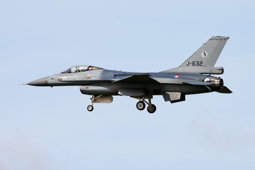 Royal Netherlands Air Force Lockheed Martin F-16AM Fighting Falcon J-632 fighter jet arrival and landing at Leeuwarden Air Base for Frisian Flag 2015 Air Exercise photo