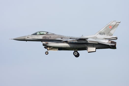 Polish Air Force Lockheed Martin F-16C Fighting Falcon 4071 fighter jet arrival and landing at Leeuwarden Air Base for Frisian Flag 2015 Air Exercise photo
