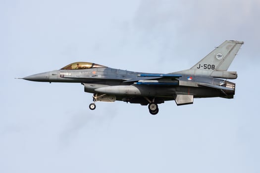 Royal Netherlands Air Force Lockheed Martin F-16AM Fighting Falcon J-508 fighter jet arrival and landing at Leeuwarden Air Base for Frisian Flag 2015 Air Exercise photo