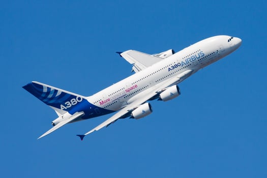 Airbus A380 passenger plane at airport. Schedule flight travel. Aviation and aircraft. Air transport. Global international transportation. Fly and flying. photo