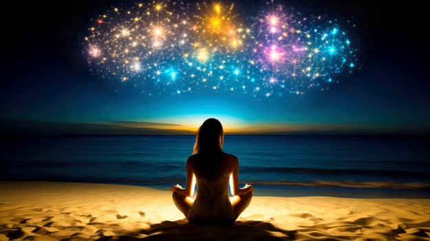 Women meditate, yoga. Psychic women considers mind and heart. Spirituality, esotericism, with bokeh defocused lights. universe, illustration photo
