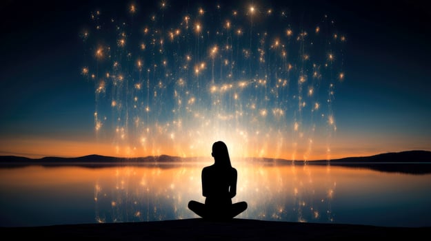 Women meditate, yoga. Psychic women considers mind and heart. Spirituality, esotericism, with bokeh defocused lights. universe, illustration photo