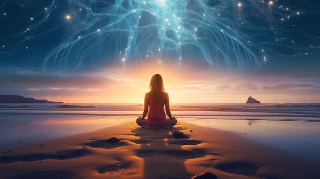 Women meditate, yoga. Psychic women considers mind and heart. Spirituality, esotericism, with bokeh defocused lights. universe, illustration photo