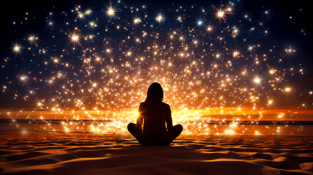 Women meditate, yoga. Psychic women considers mind and heart. Spirituality, esotericism, with bokeh defocused lights. universe, illustration photo