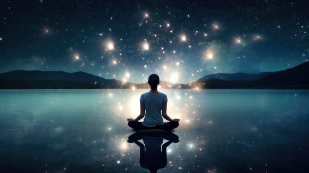 Women meditate, yoga. Psychic women considers mind and heart. Spirituality, esotericism, with bokeh defocused lights. universe, illustration photo
