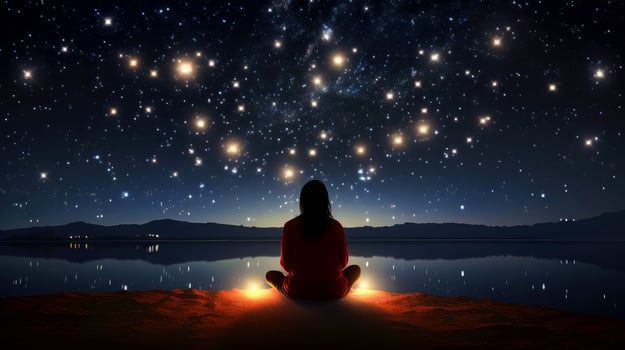 Women meditate, yoga. Psychic women considers mind and heart. Spirituality, esotericism, with bokeh defocused lights. universe, illustration photo