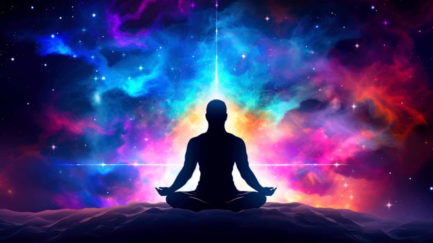 Human meditate, yoga. Psychic human considers mind and heart. Spirituality, esotericism, universe, cartoon style, illustration photo