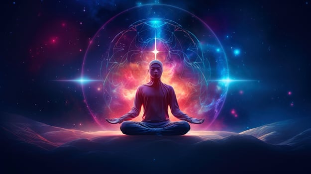 Human meditate, yoga. Psychic human considers mind and heart. Spirituality, esotericism, universe, cartoon style, illustration photo