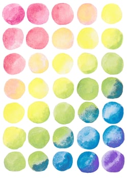 Watercolor Rainbow illustration with colorful circles. Hand drawn and painted abstract picture. Round bubble shape decorative element for Holiday template, postcard design. Isolated on white. photo