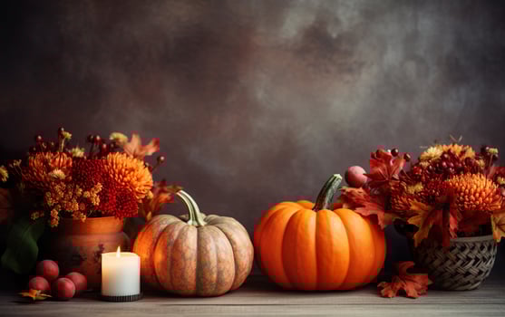 Festival decor composition with autumn pumpkins with dry flowers, candles and a wooden table on dark blurred background with copy space. Halloween concept. Cozy home. photo