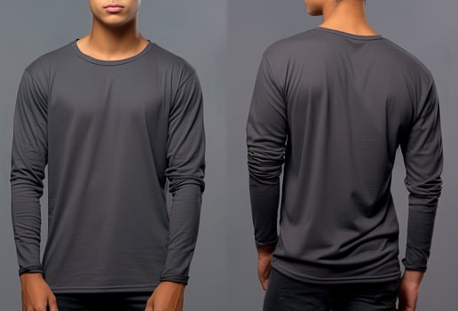 Man wearing a grey T-shirt with long sleeves. Front and back view. photo