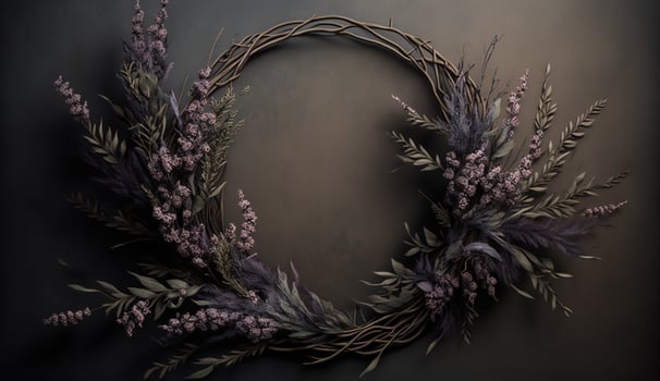 , Close up of blooming flowerbeds of amazing lavender purple flowers wreath on dark moody floral textured background, copy space. photo