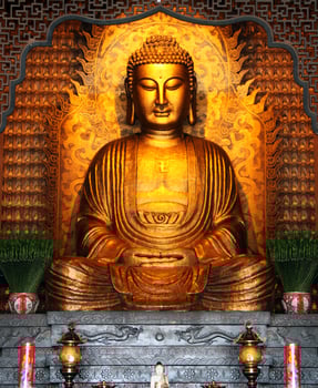 golden buddha statue in chinese temple for banners, posters, information graphics, prints layout covering books, magazine pages, advertising materials, advertisement marketing, social media headers photo