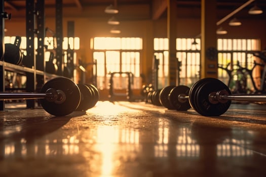 Gym interior photo with sunlight leaking through the window.