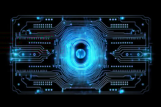 Advanced security technology, neon light background with fingerprint sensor. photo