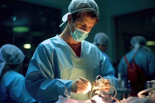Photo of a male doctor performing surgery in an operating room.
