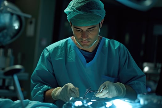 Photo of a male doctor performing surgery in an operating room.