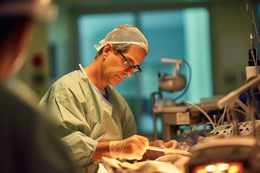 Photo of a male doctor performing surgery in an operating room.