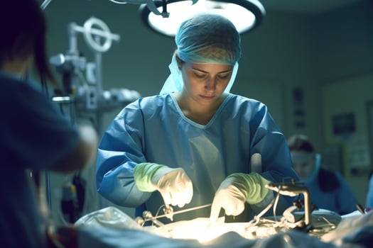 Photo of a female doctor performing surgery in an operating room.
