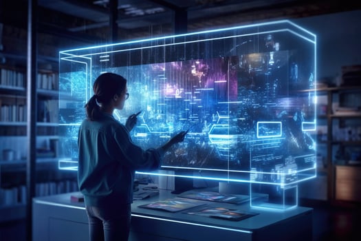 A photo of a person using a holographic display to interact with digital content in a futuristic workspace.