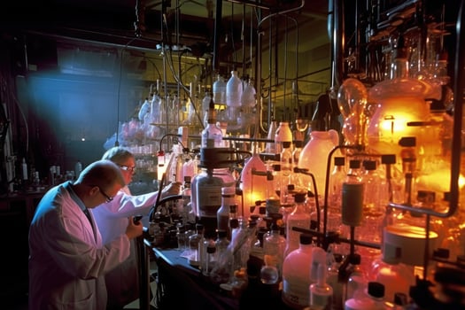 Team of scientists conducting experiments in a chemistry lab. photo