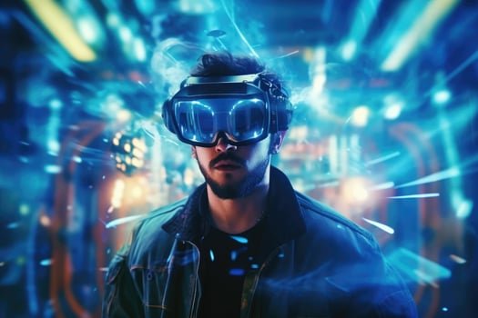 A photo of a person experiencing a virtual reality VR simulation.