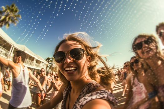 Beach club party, with people dancing and enjoying the music under the warm sun. photo