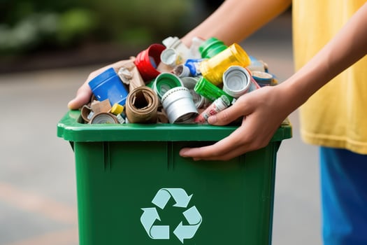 A shot of hands holding a recycling bin filled with various recyclable items. photo