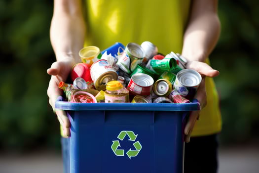 A shot of hands holding a recycling bin filled with various recyclable items. photo