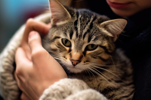 A close - up shot of a woman's hands gently petting a cat at an animal shelter. photo